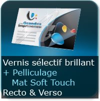 Cartes de visite Vernis Sélectif brillant au Recto et Verso+ Pelliculage Soft Touch Au recto et Verso