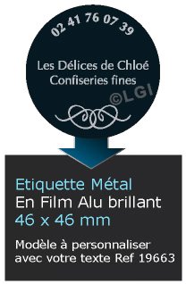 Autocollant & Étiquette Etiquette en métal brillant, Format Rond 4,6x4,6 cm - modèle noir - (film alu biodégradable, fibre de bois de cellulose) n19663- Livré en rouleau