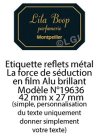 Autocollant & Étiquette Etiquette en métal brillant, Format Rectangle coins cassés 4,2x2,7cm - modèle fond Noir et Or  - (film alu biodégradable, fibre de bois de cellulose) n19636- Livré en rouleau