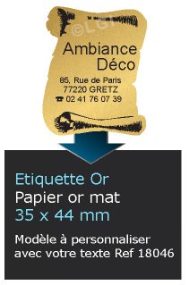 Autocollant & Étiquette Etiquette papier couleur Or métallique mat, impression noir, modèle  Parchemin n1, 3,5x4,4cm, n18046- Livré en rouleau