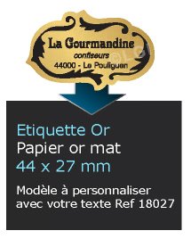 Autocollant & Étiquette Etiquette papier couleur Or métallique mat, impression noir, modèle  Parchemin n4, 4,4x2,7cm, n18027- Livré en rouleau