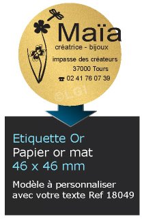 Autocollant & Étiquette Etiquette papier couleur Or métallique mat, impression noir, modèle Rond, 4,6x4,6cm, n18049- Livré en rouleau