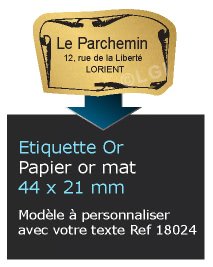 Autocollant & Étiquette Etiquette papier couleur Or métallique mat, impression noir, modèle  Parchemin n3, 4,4x2,1cm, n18024- Livré en rouleau