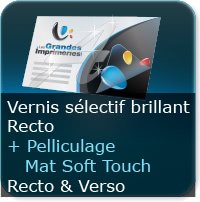 Cartes de visite Vernis Sélectif brillant Recto + Pelliculage Mat Soft Touch Au recto et Verso