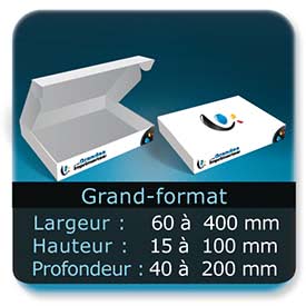 Emballage (Coffret, Boîte, carton, colis et etuis) Largeur de 60 à 400 mm - Hauteur de 15 à 100 mm - Profondeur de 40 à 200 mm