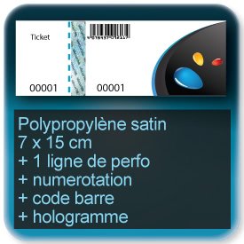Carnets de tickets 70x150 polypropylène, talon détachable + hologramme + numerotation + code barre